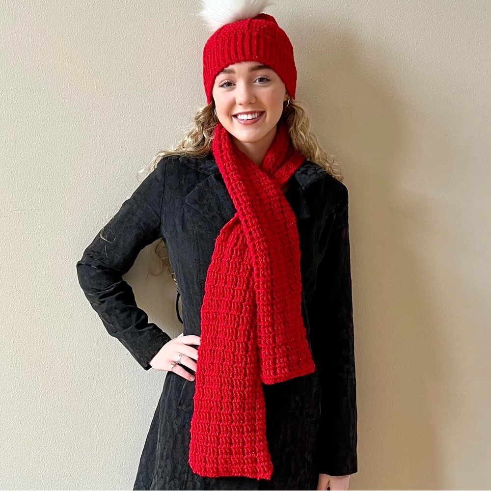 Hand-Crocheted Red Waffle-Stitch Winter Scarf